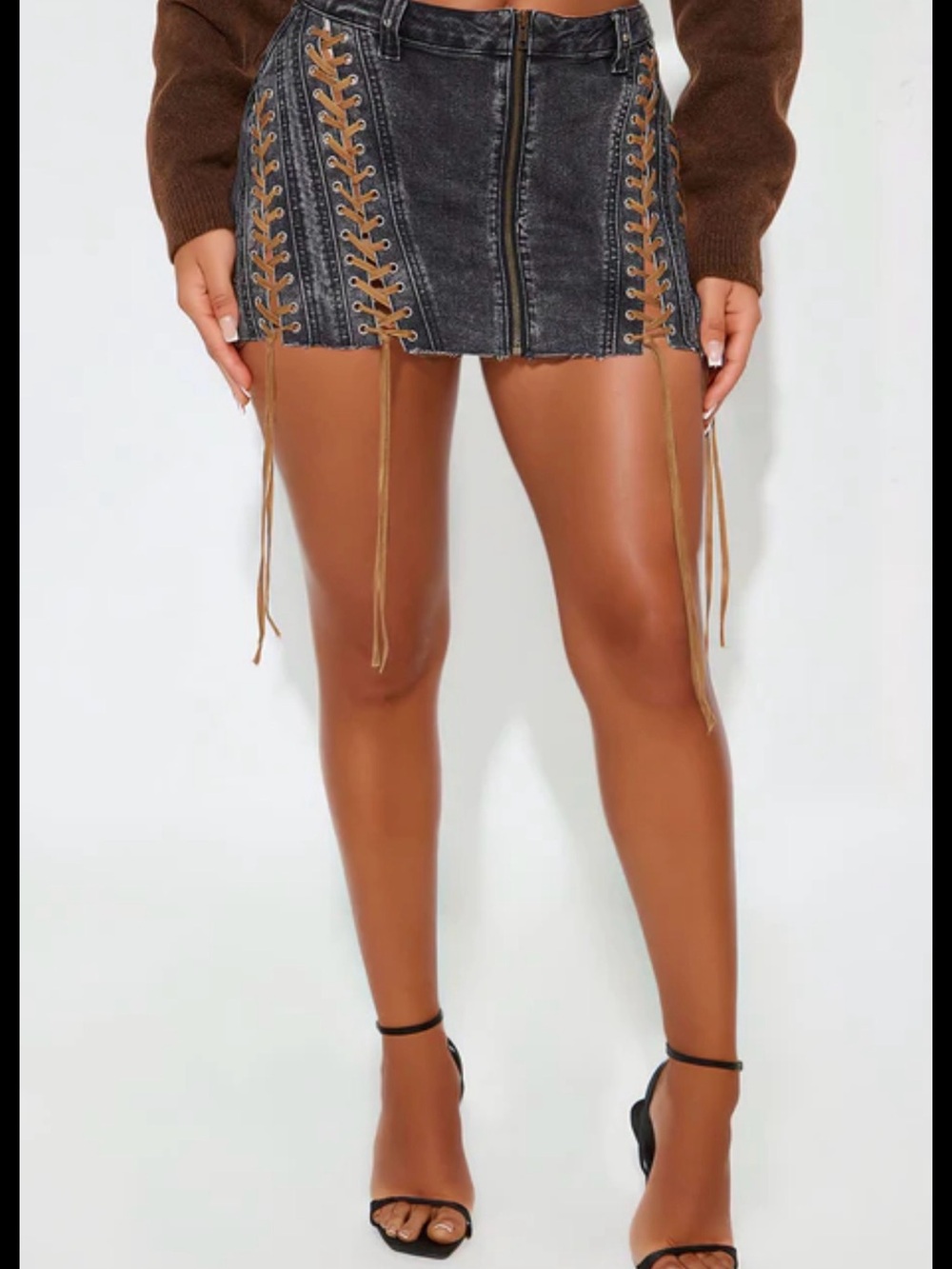 Fashion Nova Black Denim Mini Skirt with Tan Lace-Up Detail
